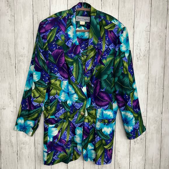 Vintage Norton McNaughton Tropical Flower Single Breasted Lapel Collar Blazer - Picture 1 of 12